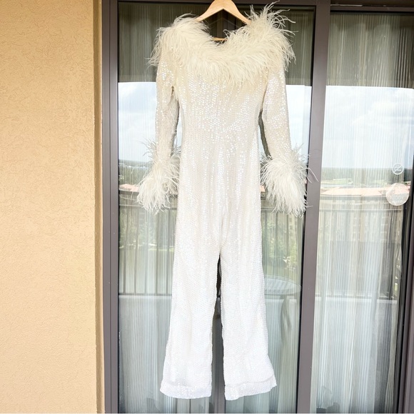 Pants & Jumpsuits Gasp Vintage 7s White Sequin Marabou Jumpsuit Disco